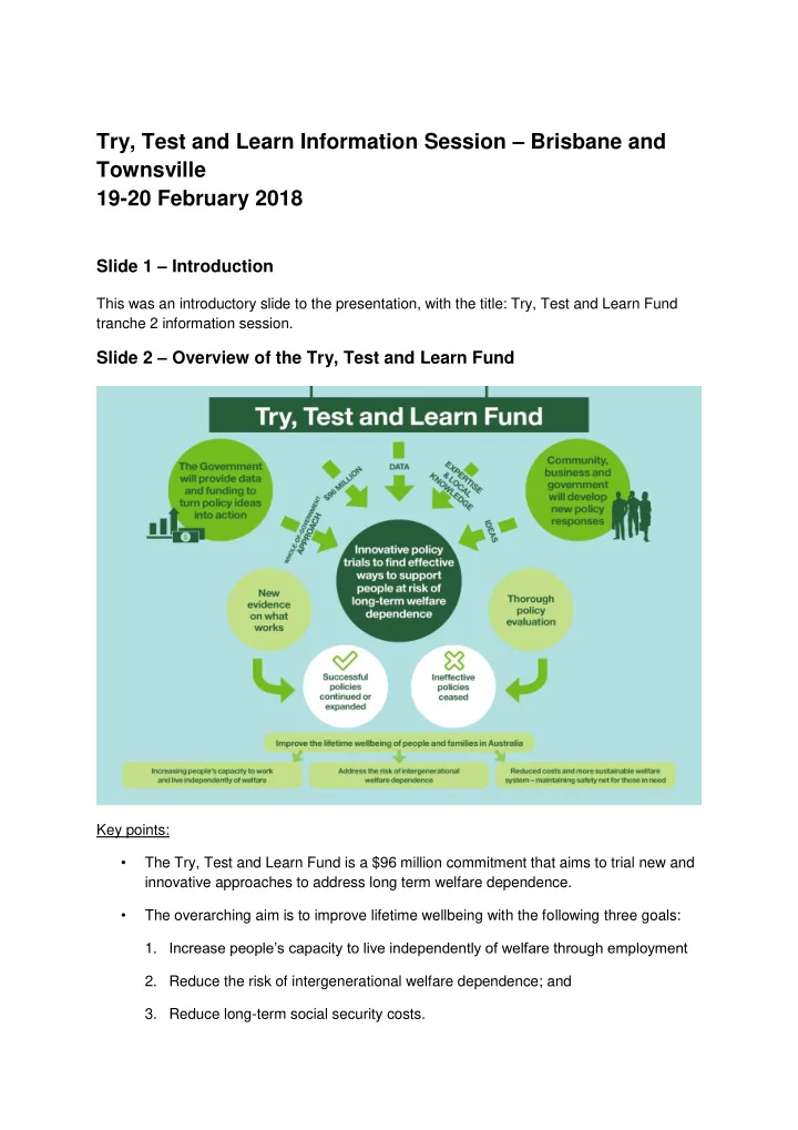 try test and learn information session brisbane and
