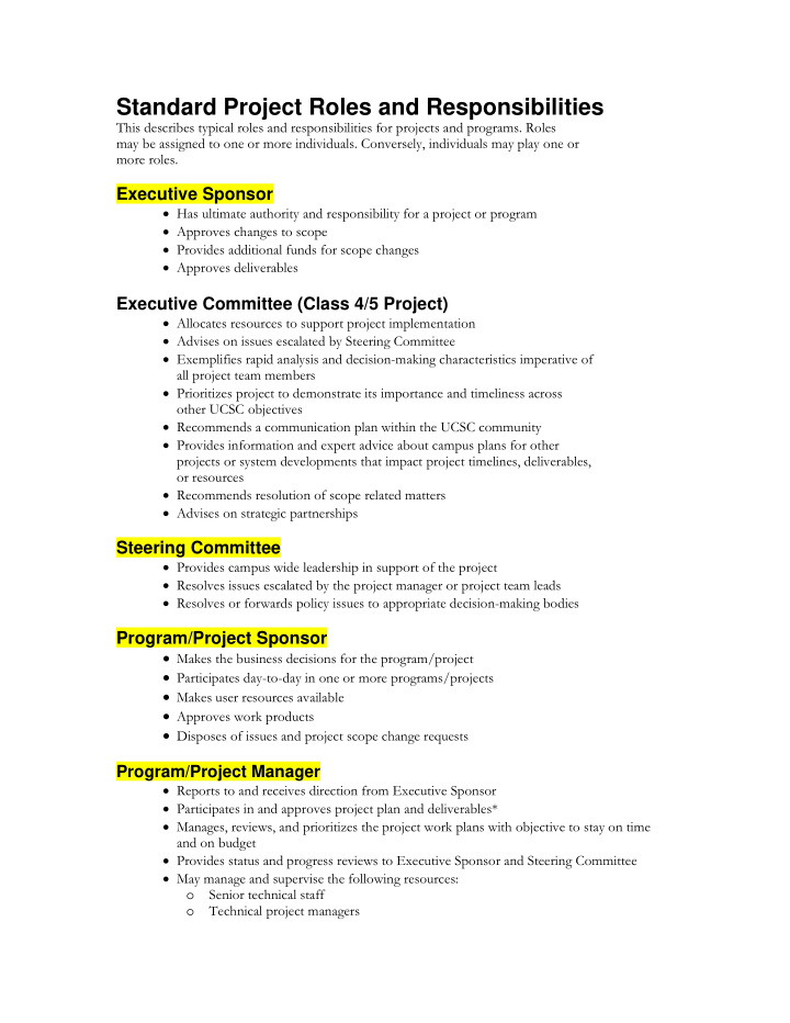 standard project roles and responsibilities