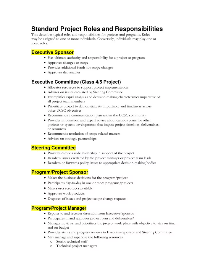 standard project roles and responsibilities