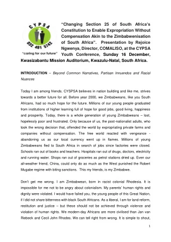 Changing Section 25 o f South Africas  Constitution to Enable Expropriation Without