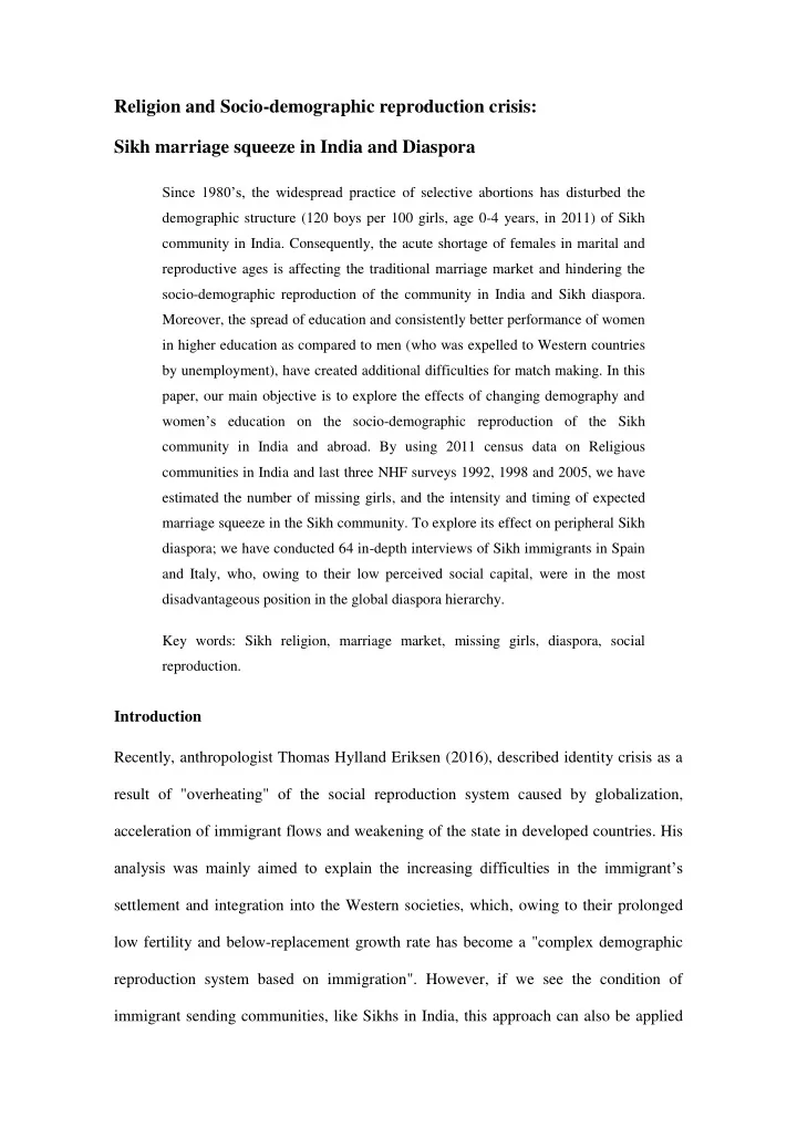religion and socio demographic reproduction crisis sikh