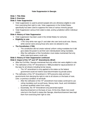 Voter Suppression in Georgia  Slide 1: Title Slide  Slide 2: Overview  Slide 3: Voter Suppression