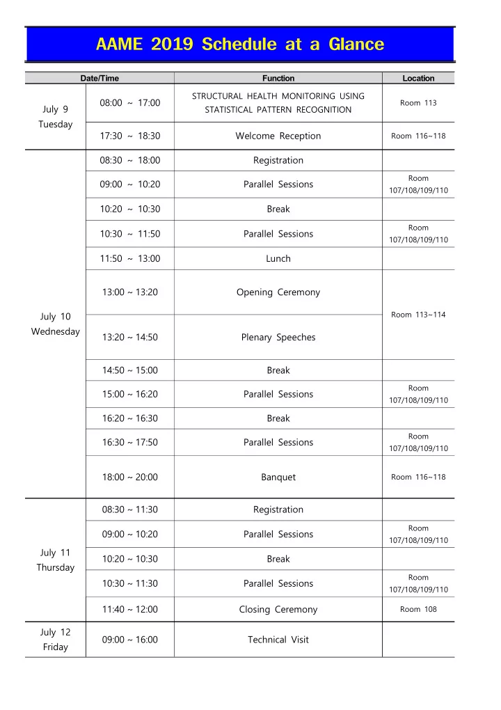 aame 2019 schedule at a glance