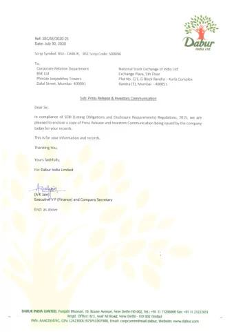 ^%.  s  (.  5r&lt;  Ref: SEC/SE/2020-21  WT  Date: July 30, 2020  India Ltd.  Scrip Symbol: NSE-