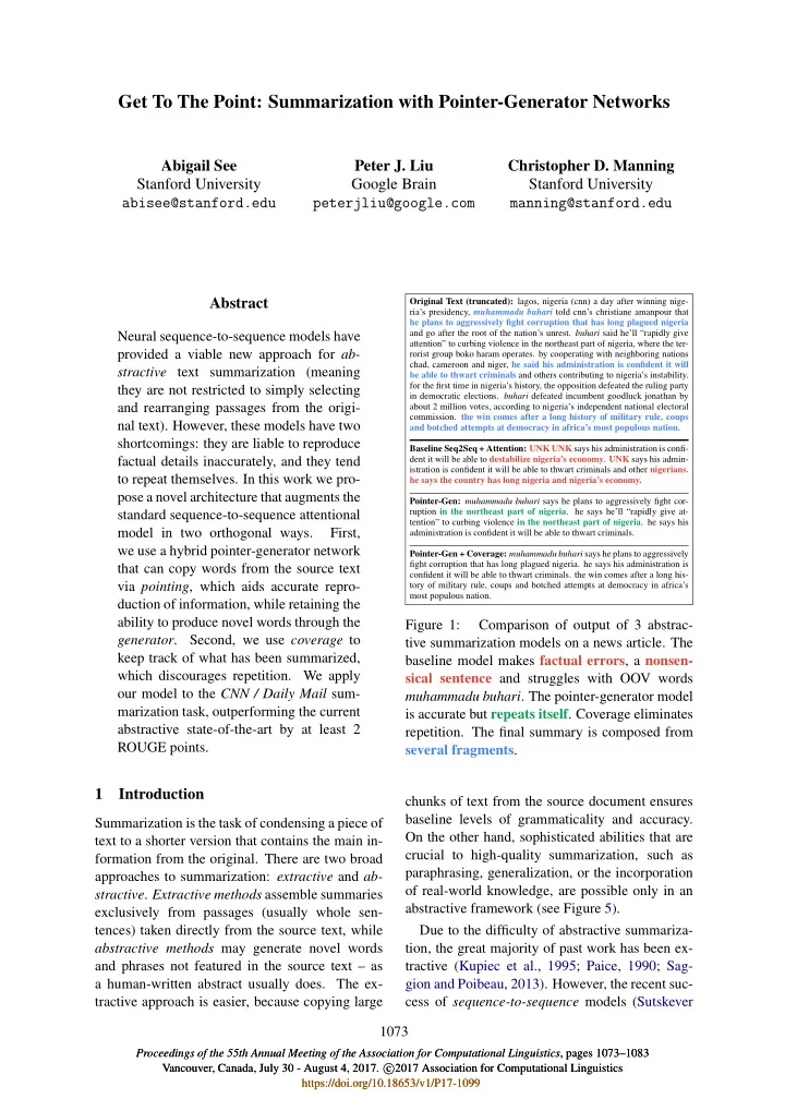 get to the point summarization with pointer generator