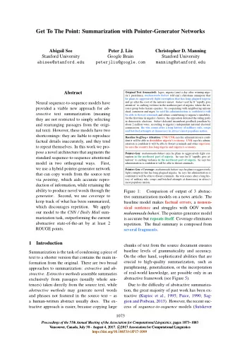 Get To The Point: Summarization with Pointer-Generator Networks  Abigail See  Peter J. Liu