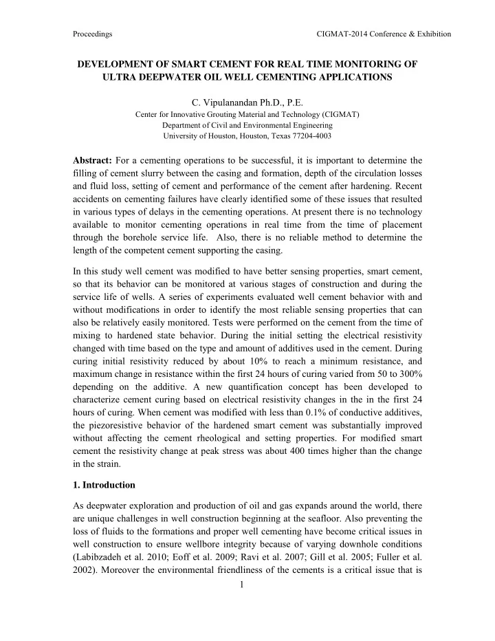 development of smart cement for real time monitoring of