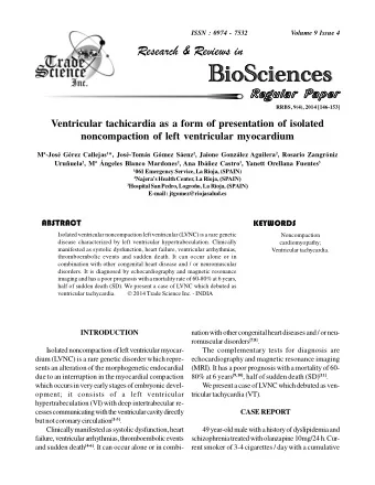 BioSciences  BioSciences  Regular Paper  RRBS, 9(4), 2014 [146-153]  Ventricular tachicardia as a