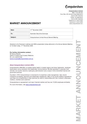 MARKET ANNOUNCEMENT  Attached is the Chairmans address and CEOs presentation being delivered