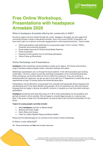 Free Online Workshops,  Presentations with headspace  Armadale 2020  What is headspace Armadale