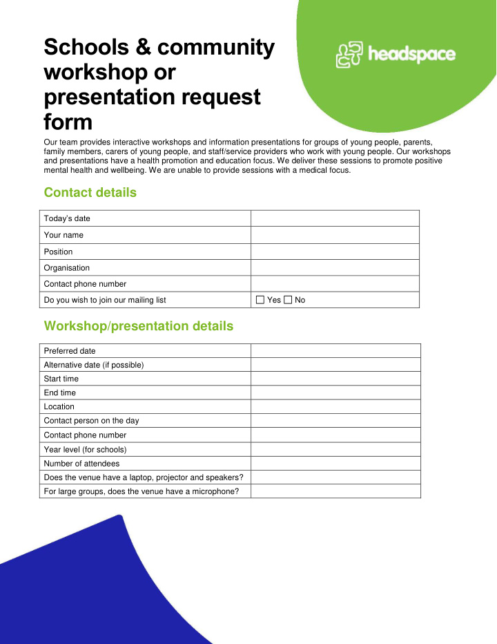 schools community workshop or presentation request form