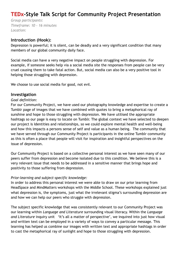 tedx style talk script for community project presentation