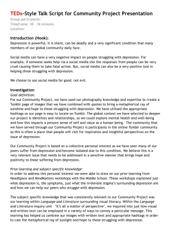 TEDx-Style Talk Script for Community Project Presentation  Group participants:  Timeframe: 10