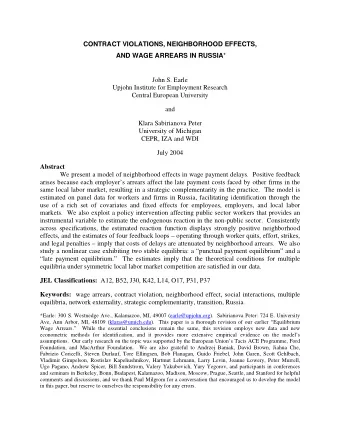CONTRACT VIOLATIONS, NEIGHBORHOOD EFFECTS, AND WAGE ARREARS IN RUSSIA *  John S. Earle Upjohn