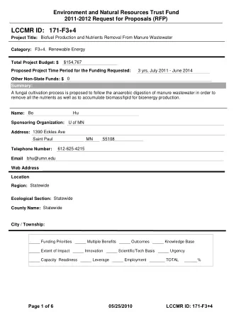 LCCMR ID: 171-F3+4  Project Title:  Biofuel Production and Nutrients Removal From Manure Wastewater