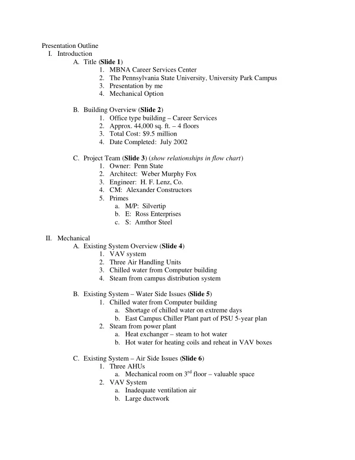 presentation outline i introduction a title slide 1 1