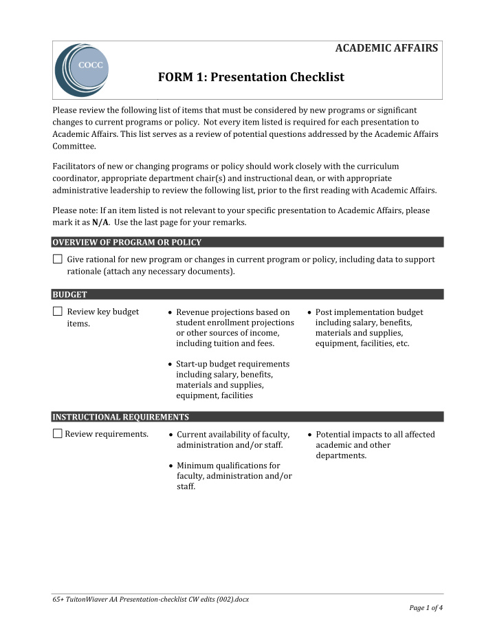 form 1 presentation checklist