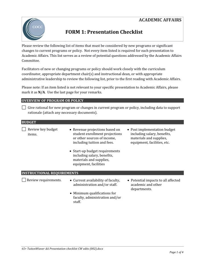 form 1 presentation checklist