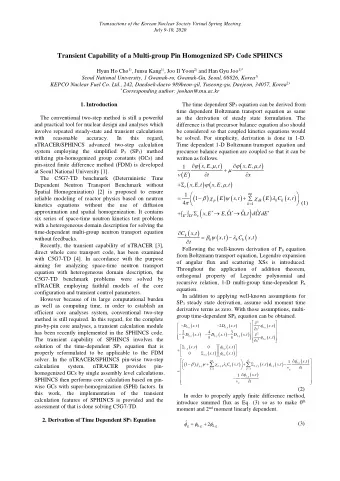 Transient Capability of a Multi-group Pin Homogenized SP 3 Code SPHINCS Hyun Ho Cho 1) , Junsu Kang