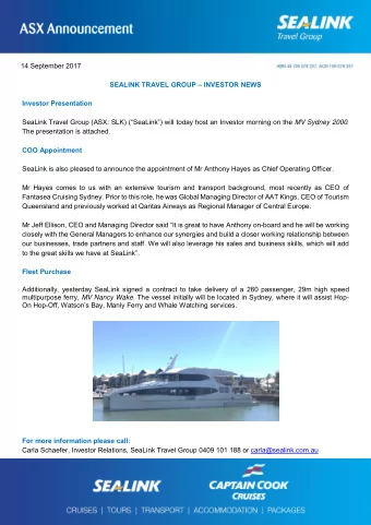 Mwedia  14 September 2017  SEALINK TRAVEL GROUP  INVESTOR NEWS  Investor Presentation SeaLink