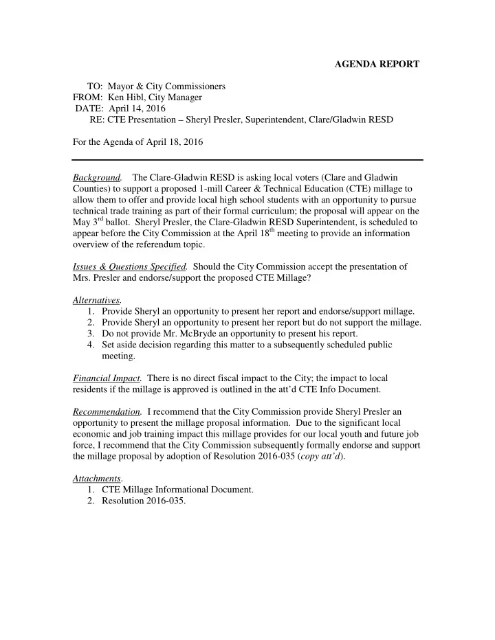 agenda report to mayor city commissioners from ken hibl