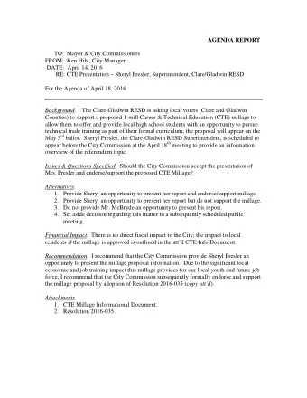 AGENDA REPORT  TO:  Mayor &amp; City Commissioners  FROM:  Ken Hibl, City Manager  DATE:  April 14,