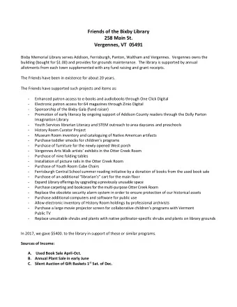 Friends of the Bixby Library  258 Main St.  Vergennes, VT  05491  Bixby Memorial Library serves