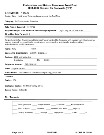 LCCMR ID: 195-G  Project Title:  Heightened Watershed Awareness in the Red River  Category:  G.