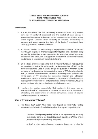 ETHICAL ISSUES ARISING IN CONNECTION WITH  THIRD PARTY FUNDING (TPF)  OF INTERNATIONAL COMMERCIAL