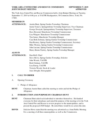 YORK AREA UNITED FIRE AND RESCUE COMMISSION  SEPTEMBER 17, 2019  JOINT BUDGET MEETING APPROVED  The