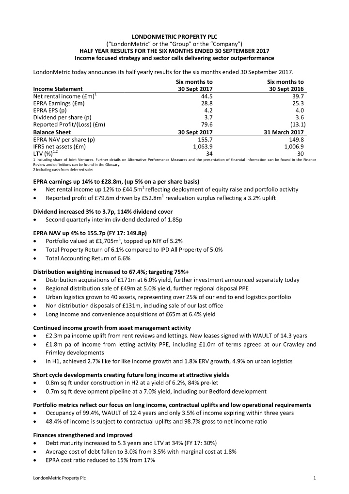 londonmetric property plc londonmetric or the group or