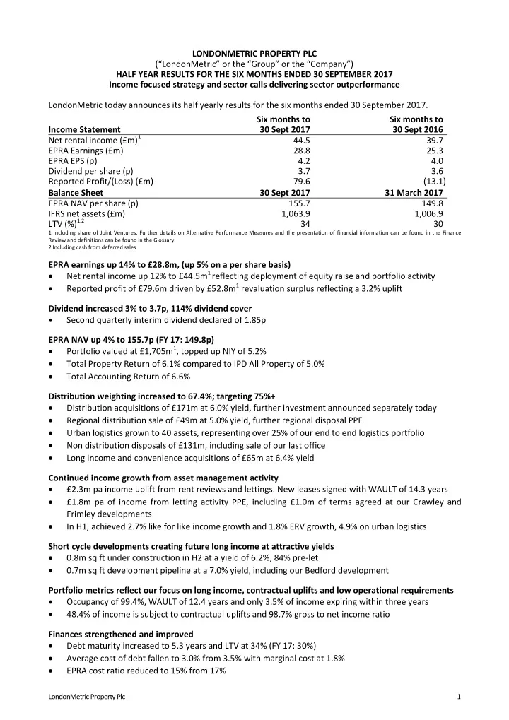 londonmetric property plc londonmetric or the group or