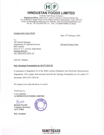 @)  HINDUSTAN FOODS LIMITED  A Vanity Case Group Company Registered Office: Office No.3, Level-2,