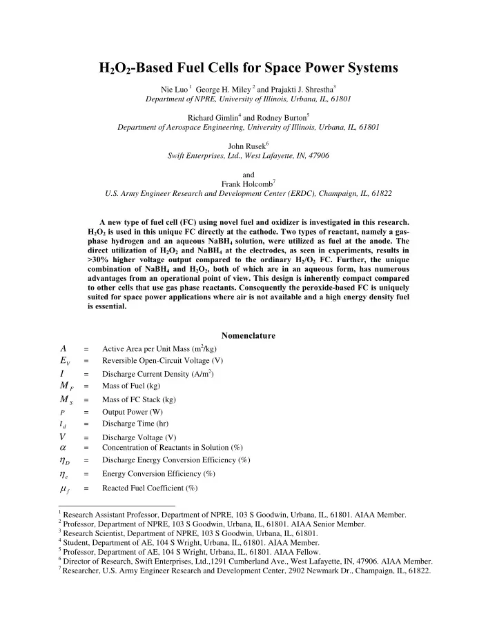 h 2 o 2 based fuel cells for space power systems