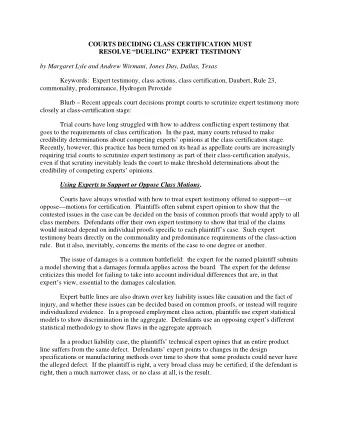 COURTS DECIDING CLASS CERTIFICATION MUST  RESOLVE DUELING EXPERT TESTIMONY  by Margaret Lyle