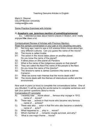 Teaching Genuine Articles in English  Mark H. Stepner  CELOP/Boston University  mstepner@bu.edu
