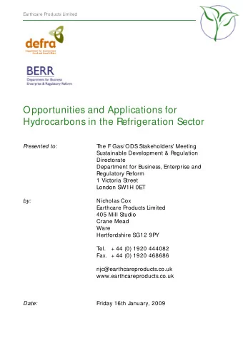 Earthcare Products Limited  Opportunities and Applications for  Hydrocarbons in the Refrigeration