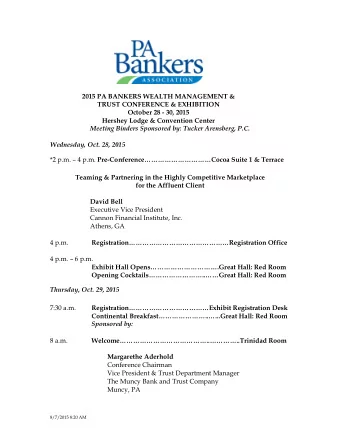 2015 PA BANKERS WEALTH MANAGEMENT &amp;  TRUST CONFERENCE &amp; EXHIBITION October 28 - 30, 2015
