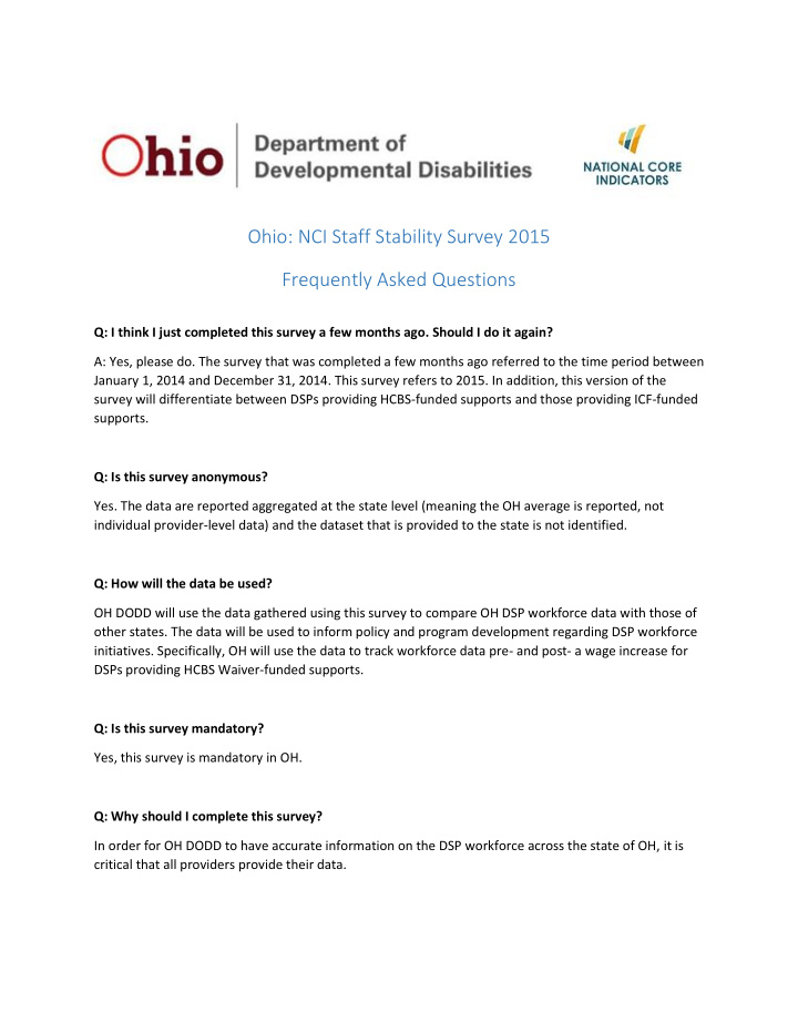 ohio nci staff stability survey 2015 frequently asked