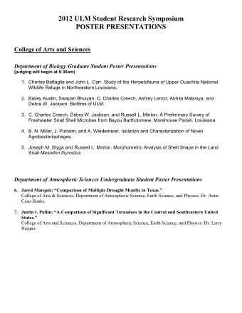 2012 ULM Student Research Symposium  POSTER PRESENTATIONS  College of Arts and Sciences  Department