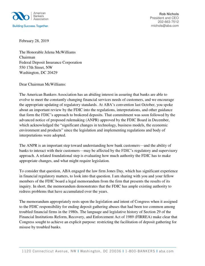 february 28 2019 the honorable jelena mcwilliams chairman