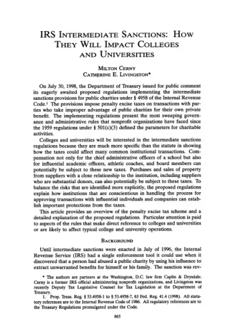 IRS  INTERMEDIATE  SANCTIONS:  How  THEY  W ILL  IMP ACT  COLLEGES  AND  UNIVERSITIES  MILTON CERNY
