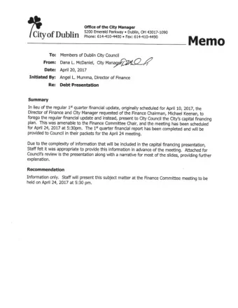 DEPARTMENT OF FINANCE  CAPITAL FINANCING  APRIL 24, 2017  The following is a narrative of the