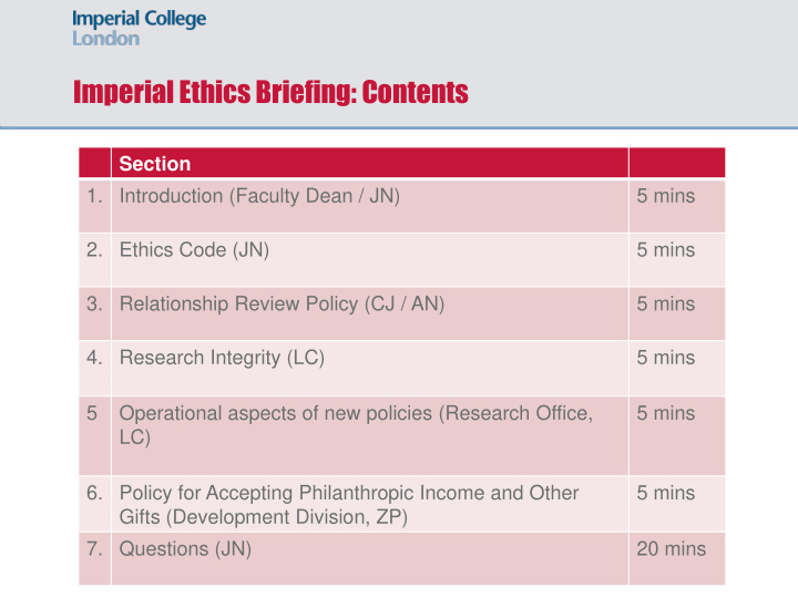 imperial ethics briefing contents