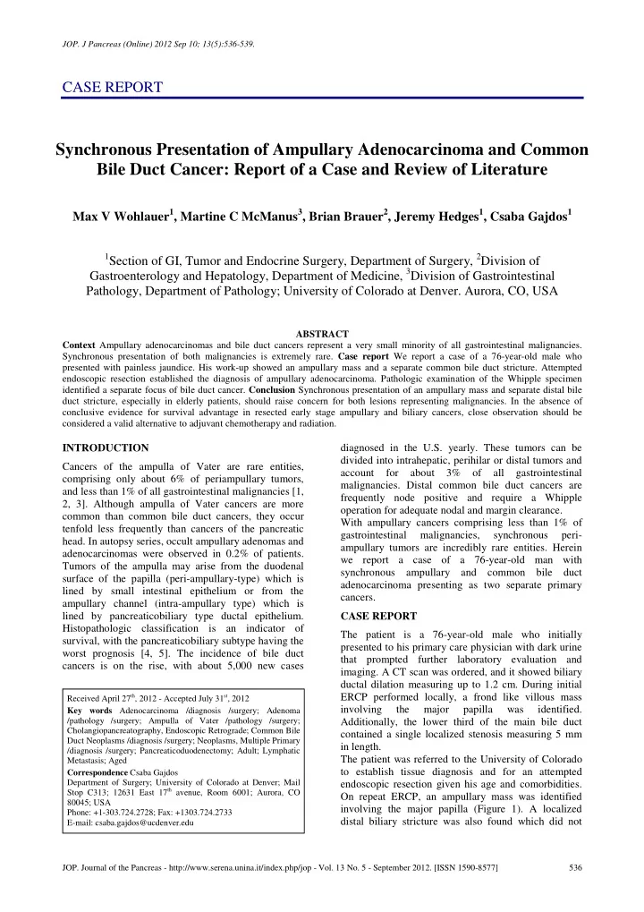 synchronous presentation of ampullary adenocarcinoma and
