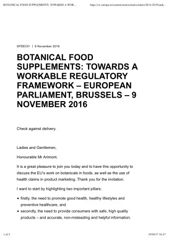 BOTANICAL FOOD  SUPPLEMENTS: TOWARDS A  WORKABLE REGULATORY  FRAMEWORK  EUROPEAN  PARLIAMENT,