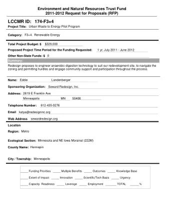 LCCMR ID: 174-F3+4  Project Title:  Urban Waste to Energy Pilot Program  Category:  F3+4.