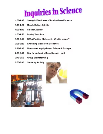 1:00-1:05  Strength / Weakness of Inquiry-Based Science  1:05-1:20  Marble Motion Activity