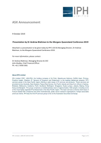 ASX Announcement  9 October 2019  Presentation by Dr Andrew Blattman to the Morgans Queensland