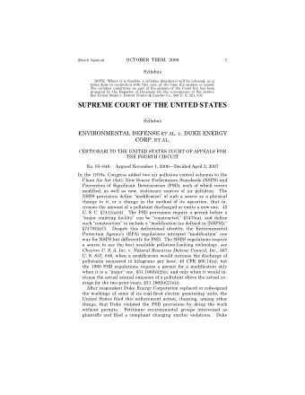 SUPREME COURT OF THE UNITED STATES  Syllabus ENVIRONMENTAL DEFENSE ET AL . v . DUKE ENERGY CORP. ET